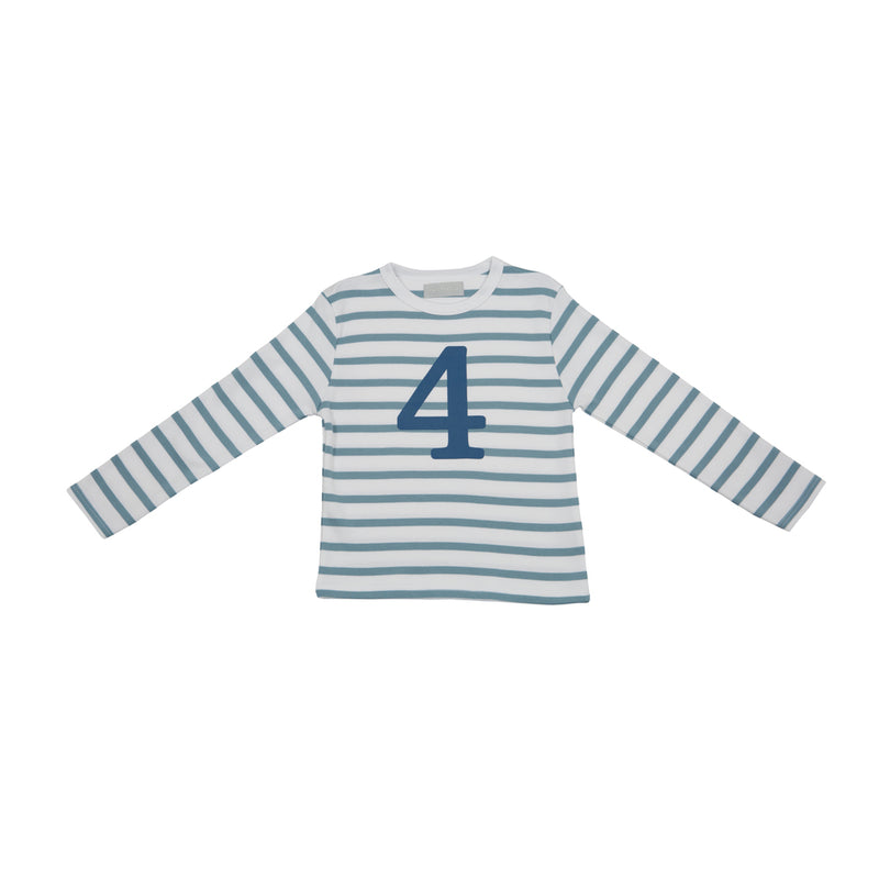 Ocean Blue & White Breton Striped Number 4 T SHIRT (Blue)