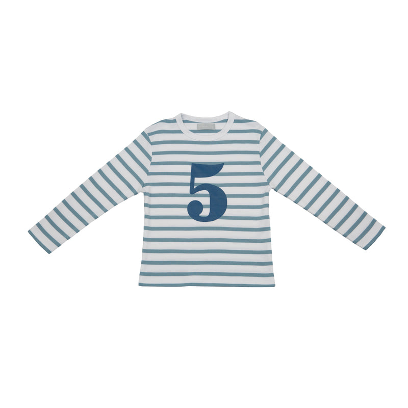 Ocean Blue & White Breton Striped Number 5 T SHIRT (Blue)