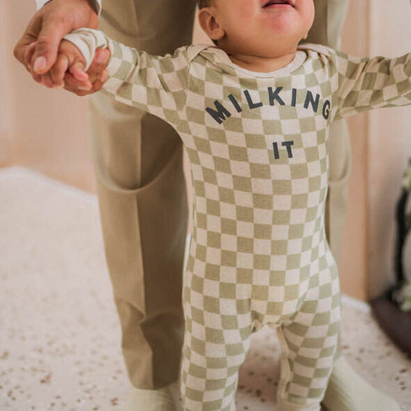 Milking It Checkerboard Onesie - Taupe